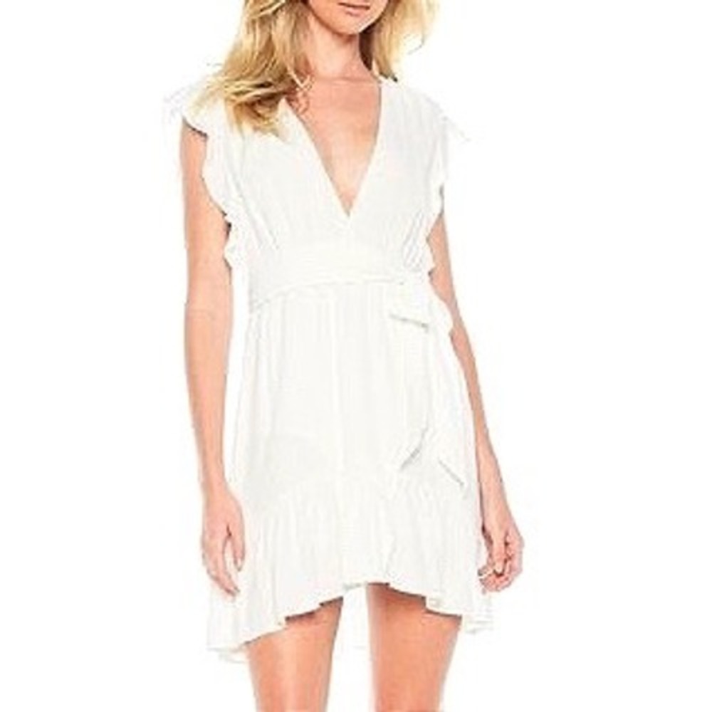 Bardot White Flutter Sleeve V-Neck Ruffle Mini Dress US 4 XS